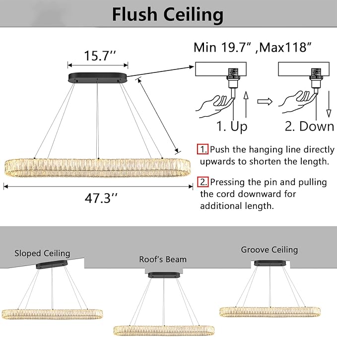 HAIXIANG Modern Crystal Chandelier Dimmable LED Long Chandeliers for Dining Table Pendant Lights Rectangular Glam Lighting Fixtures for Dining Room Kitchen Island Black
