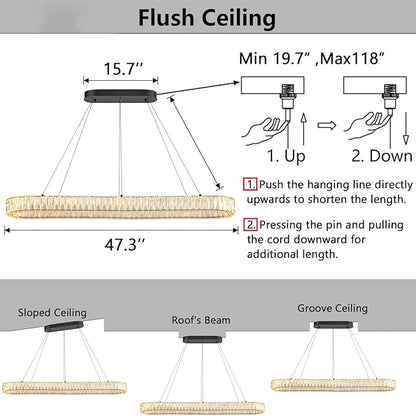 HAIXIANG Modern Crystal Chandelier Dimmable LED Long Chandeliers for Dining Table Pendant Lights Rectangular Glam Lighting Fixtures for Dining Room Kitchen Island Black