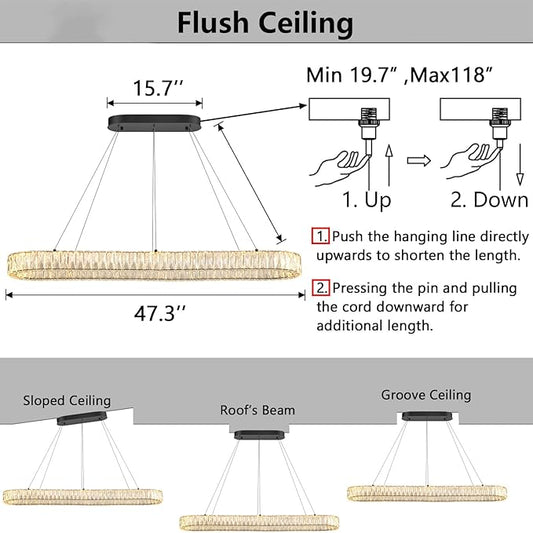 HAIXIANG Modern Crystal Chandelier Dimmable LED Long Chandeliers for Dining Table Pendant Lights Rectangular Glam Lighting Fixtures for Dining Room Kitchen Island Black