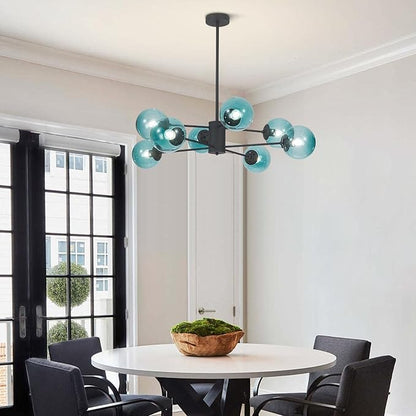 KCO Lighting Modern 8-Lights Blue Glass Sputnik Chandelier Mid-Century Matte Black Globe Flush Mount Chandelier Industrial Large Glass Ball Sputnik Chandelier Pendant Lamp (Black+Blue)