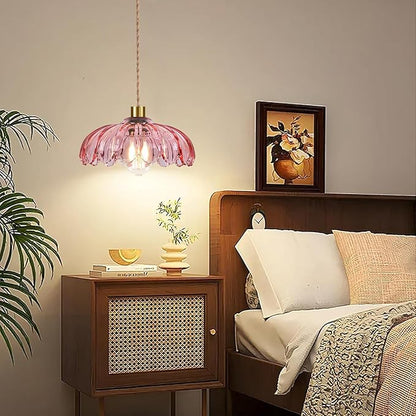 QIYIZM Pink Plug in Pendant Light Glass Hanging Lights with Plug in Cord Boho Hanging Lamp Gold Mid Century Modern Vintage Dimmable Flower Plug in Chandelier Ceiling Fixture for Living Room,Bedroom