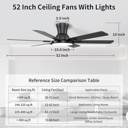 52 Inch Black Ceiling Fan with Lights and Remote, Flush Mount Low Profile 6 Blades with 10 Inch Lighting Fixture, Quiet Reversible DC Motor for Living Room, Bedroom and Patio