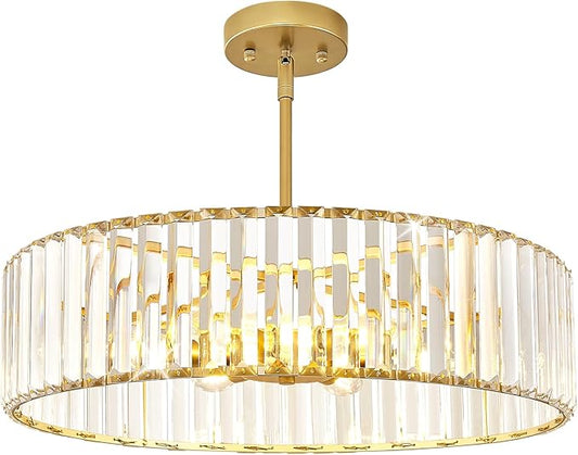 YURNYQ Glod Crystal Ceiling Light Fixture, Modern Semi Flush Chandelier, Round Hanging Lighting Chandeliers for Dining Room, Kitchen, Bedroom, 6-Light, 19.68 Inch