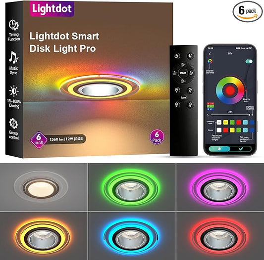 Lightdot 6 Inch Smart Recessed Lighting, 36° Spotlight + RGB Halo Ring, Dual-Zone Control, Full Metal RGBWW Color Changing LED Canless Downlight with Junction Box, Remote&App, 100-277V, 6Pack-ETL