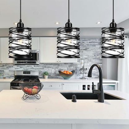 3 PACK Black Pendant Lights Kitchen Island, Small Kitchen Pendant Lighting Over Island, Modern Seeded Glass Hanging Light Fixtures, Single Ceiling Light for Kitchen, Dining Room, Bedroom, Foyer