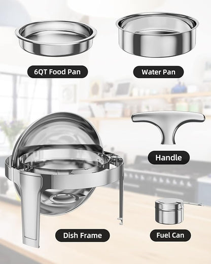 Takywep Roll Top Chafing Dish Buffet Set 6 QT,Stainless Steel Chafer Round Catering Food Warmer and Server with Lid Water Pan Stand Fuel Holder for Wedding,Parties,Events and Catering