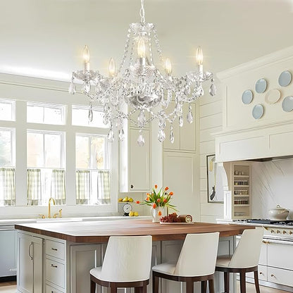 Plug in Chandelier Dimmable,5 Lights K9 Crystal Glass Pendant Light Fixture, Modern White Candle Hanging Chandelier for Bedroom Living Dining Room Kitchen Island