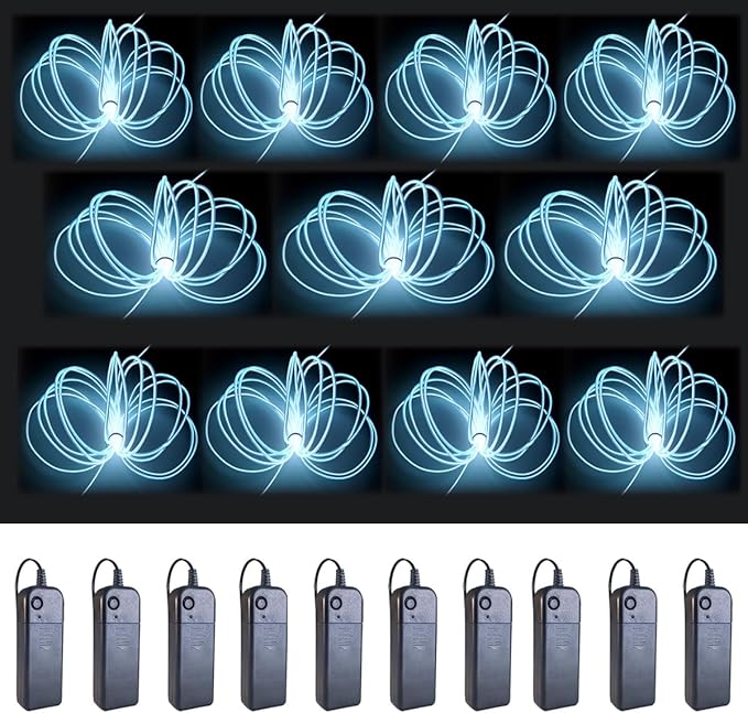 MaxLax EL Wire White 10-Pack, 16.4ft/5m Neon Light Wire with Noise Reduction and Battery Pack…