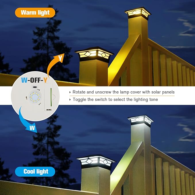 JOFIOS Solar Post Cap Lights Outdoor 6pack, Waterproof Solar Powered Deck Fence Post Lights for 4x4 Wood/Vinyl Posts, Solar Outdoor LED Light with Cool/Warm Lighting Decorate Garden Patio Porch…