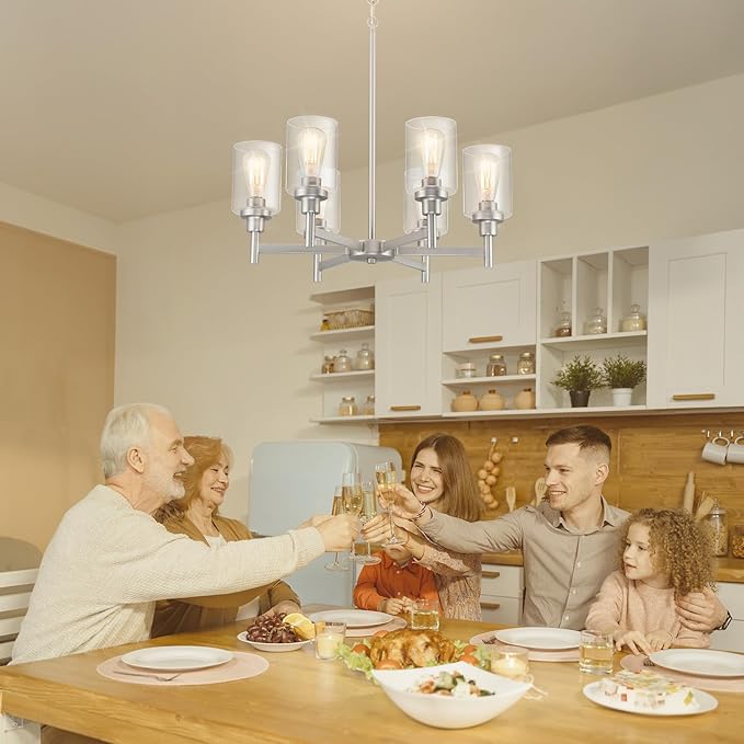 Brushed Nickel Chandelier | 6 Lights Farmhouse Chandeliers for Dining Room Light Fixtures Over Table | Hallway Lighting with Clear Glass Shade for Living Room | Kitchen | Entryway | Bedroom | Bathroom
