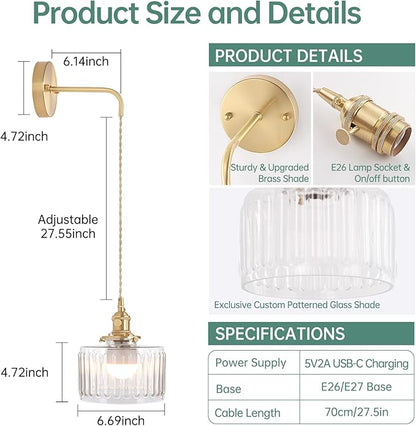 Shenmoyl Battery Operated Wall Sconce with Clear Striped Shade Pattern Glass Adjustable Chain Retro Gold Wall Mounted Light, Modern Wall Lamp Fixtures Decor for Bedside Bedroom Indoor Doorway