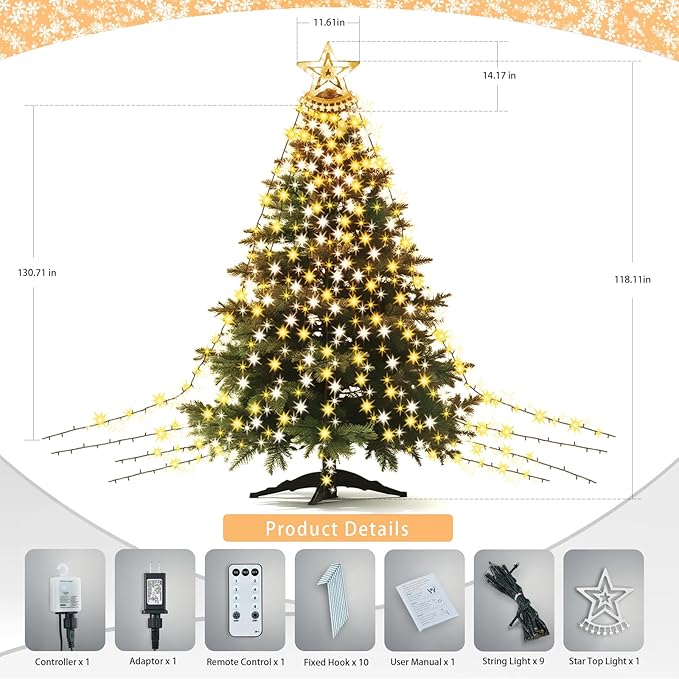 Star String Lights, 350 LED Tree Waterfall Fairy Lights, Outdoor Waterproof Christmas Decoration Lights with Remote, 16FT X 9 Hanging LED Lamp for Garden Yard Wedding Birthday Festival, Warm White
