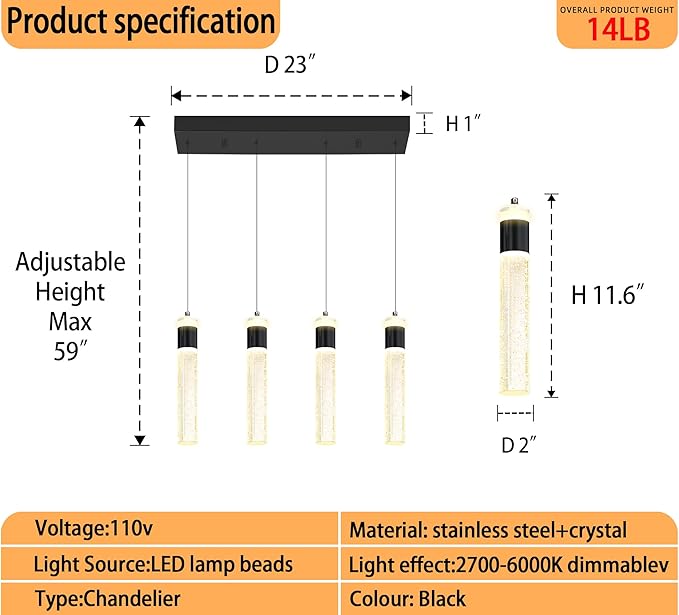 4-Light Gold Pendant Lights Kitchen Island Modern LED Gold Crystal Column Chandeliers Dimmable Crystal Ceiling Light for Dinning Room Living Room 32W