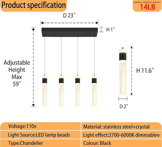 4-Light Gold Pendant Lights Kitchen Island Modern LED Gold Crystal Column Chandeliers Dimmable Crystal Ceiling Light for Dinning Room Living Room 32W