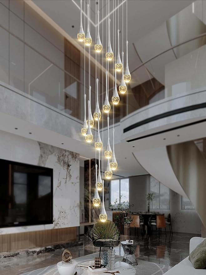 ykolupty H138 Modern Chandelier for High Ceiling 26-Lights Chrome Raindrop Chandeliers Crystal Pendant Light Fixture Large Chandelier for Staircase Foyer Villa Dimmable LED Hanging Light