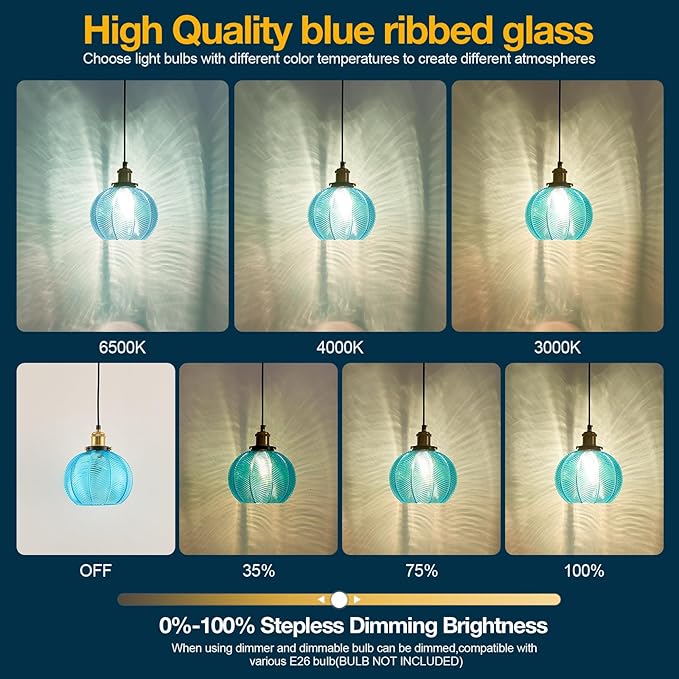 7.8in Vintage Pendant Light 1- Light Kitchen Sink Pendant Lights with Blue Hand Blown Glass Small Hanging Lamp for Kitchen Island Dining Room Bedroom Bathroom Hallway E26