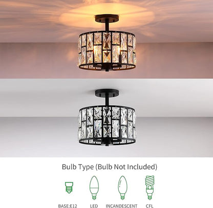 MEXO Farmhouse Crystal Round Semi Flush Mount Close to Ceiling Light Fixture, Drum Shade 3LT Ceiling Lamp for Kitchen Island Dinning Room Bedroom, Hallway Black Finish