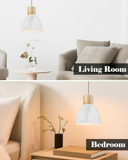 ELYONA Hammered Pendant Lights for Kitchen Island, Solid Wood Hanging Light Fixtures, Industrial Metal Pendant Light Fixtures for Bar, Dining Room, Bedroom, Office, Modern White,Small