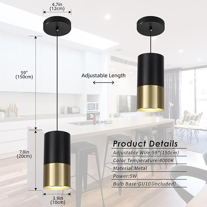 Black and Gold Pendant Light 2 Pack - Modern Pendant Lights Kitchen Island with GU10 Bulbs, Minimalist Hanging Light for Dining Room Bedroom Bar, 5W 4000K