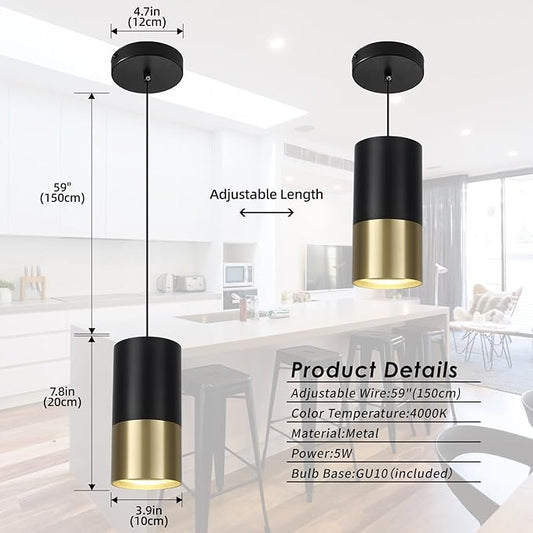 Black and Gold Pendant Light 3 Pack - Small Pendant Lights Kitchen Island with GU10 Bulbs, Minimalist Hanging Light for Dining Room Bedroom Bar, 5W 4000K