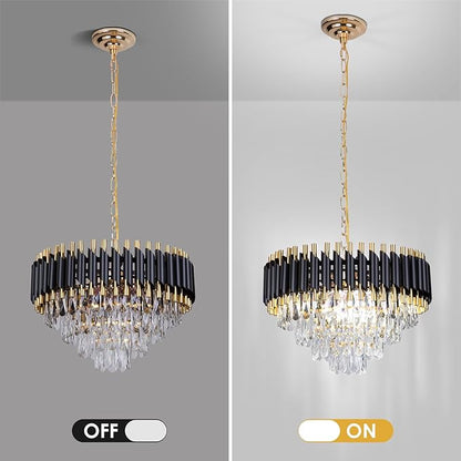 FRIXCHUR Modern Crystal Chandelier 20" Black Flush Mount Led Crystal Ceiling Light 4 Tiers Raindrop Crystal Pendant Light Led Chandelier for Bedroom Dining Room Entryway E12*7(Exclud Bulbs)