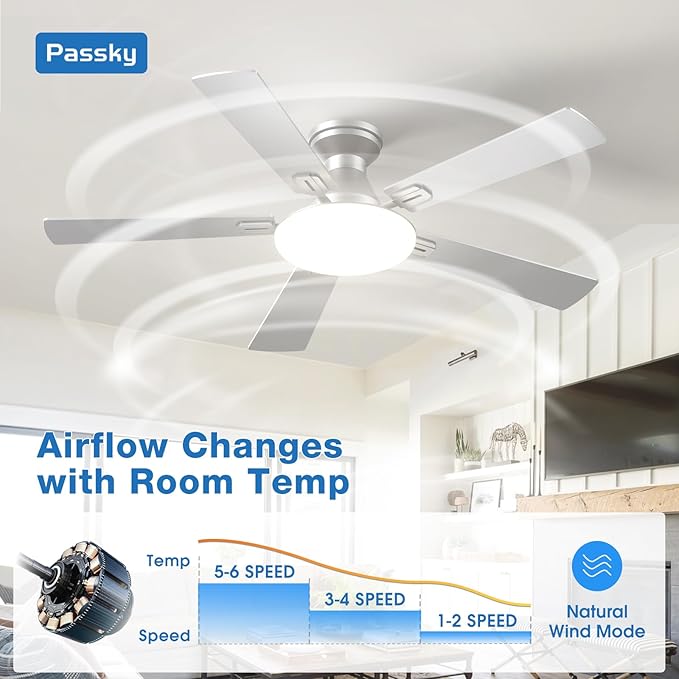 Passky Ceiling Fans with Lights, 52 inch Flush Mount Ceiling fan with Remote Control, Low Profile Silver Ceiling Fan for Bedroom, Farmhouse, Reversible, 3CCT, Dimmable, Noiseless DC Motor