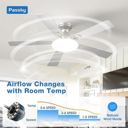 Passky Ceiling Fans with Lights, 52 inch Flush Mount Ceiling fan with Remote Control, Low Profile Silver Ceiling Fan for Bedroom, Farmhouse, Reversible, 3CCT, Dimmable, Noiseless DC Motor