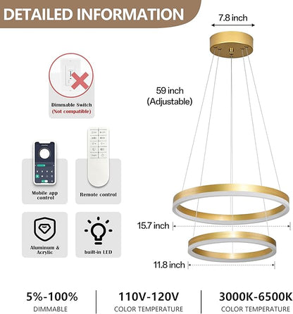 Modern Gold Led Chandelier 2 Rings Dimmable LED Chandeliers with Remote Control Light Fixture for Kitchen Island Height Adjustable Chandelier Led Pendant Light for Living Room Dining Room