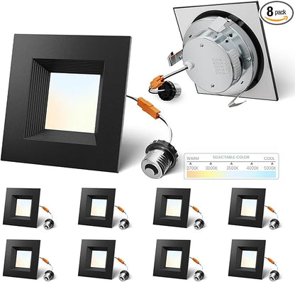 4 Inch Led Recessed Lights Square,Led Downlight Square Black,with Baffle Anti-Glare,5CCT 2700K-5000K Dimmable,9W 800LM,ETL & ES(8 Pack)