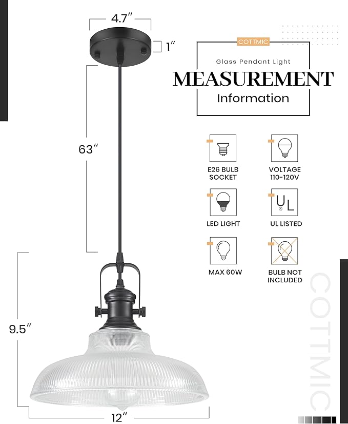 Black Glass Pendant Lights Kitchen Island, 12in, Ribbed Glass Kitchen Pendant Lights Fixture, Farmhouse Pendant Lighting for Dining Room Bedroom Bar Sink, 1 Pack