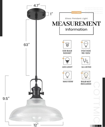 Black Glass Pendant Lights Kitchen Island, 12in, Ribbed Glass Kitchen Pendant Lights Fixture, Farmhouse Pendant Lighting for Dining Room Bedroom Bar Sink, 3 Pack