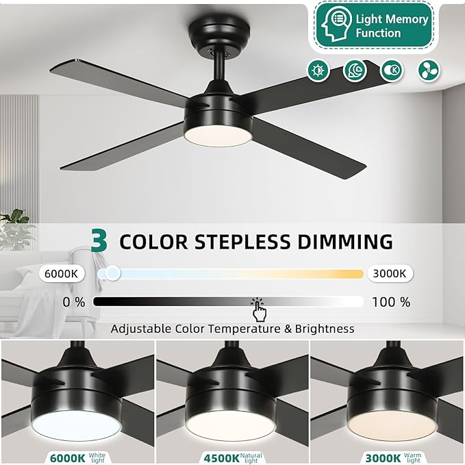 YITAHOME 48 Inch Black Ceiling Fan with Lights and Remote,4 Blades, App Control, Modern Smart Ceiling Fan Compatible with Alexa for Indoor, Reversible Quiet Motor, Memory Function