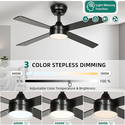 YITAHOME 48 Inch Black Ceiling Fan with Lights and Remote,4 Blades, App Control, Modern Smart Ceiling Fan Compatible with Alexa for Indoor, Reversible Quiet Motor, Memory Function