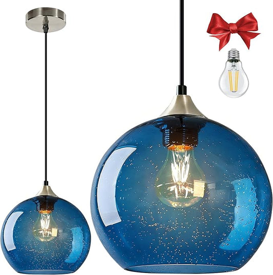 Large Blue Glass Pendant Light for Kitchen Island, Includes 1 Bulb & 4.92FT Adjustable Cord, Modern Pendant Lighting Fixtures for Kitchen, Dining Room, Living Room (9.1in)