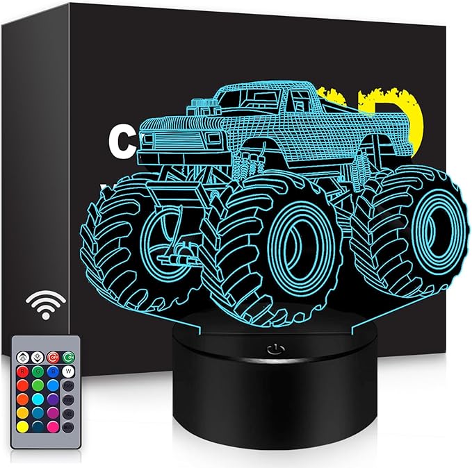 BASSI Monster Trucks Night Light for Boys, 3D LED Optical Illusion Lamp with Remote Control, 16 Colors Change Perfect Birthday Party Decor Idea for Boys, Kids, and Teens