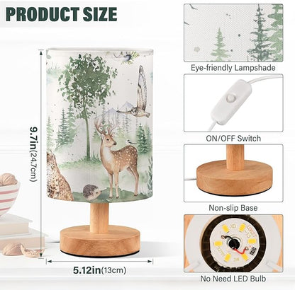Bedside Table Lamp Woodland Animals Nightstand Lamp with Wood Forest Deer Owl Lynx Hedgehog Ermine Tree Desk Lamps for Bedroom Living Room Nursery Office Home Decor
