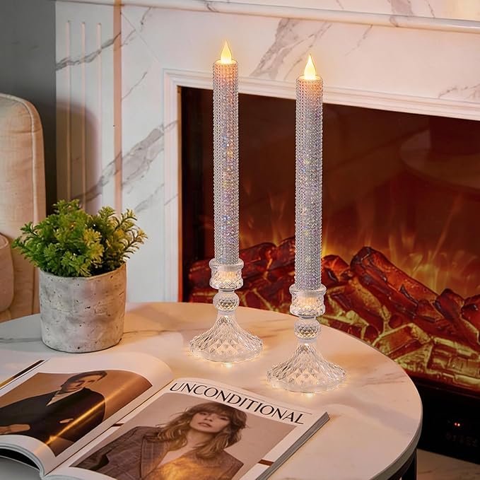 LED Flameless Taper Candles with Remote Control,Set of 2, Silver Glitter Finish, Crystal Glass Candlestick Holders, Timer Function (White LED)