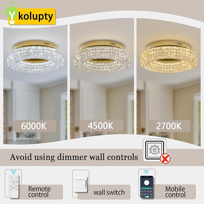 ykolupty 24" Crystal Chandeliers,Round Chandelier for Living Room Modern Ceiling Light Fixture Lamp for Foyer Bedrooms Dining Room Hallway(Gold Chandelier)