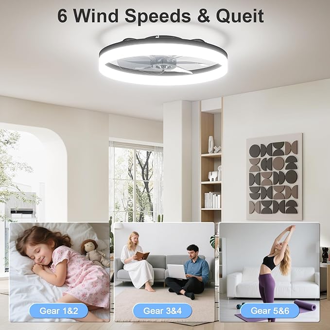 VOLISUN Low Profile Ceiling Fans with Lights and Remote, 23.6in Fandelier Ceiling Fan with Light, 3000K-6500K Dimmable Bladeless LED Fan Light, Black Flush Mount Ceiling Fans with Lights for Bedroom