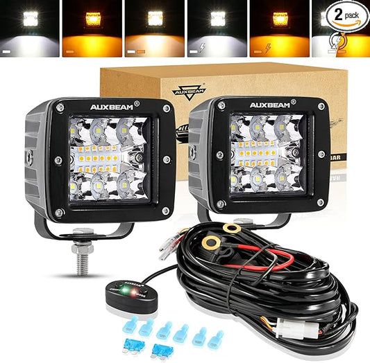 Auxbeam 3 Inch 72W LED Cube Light Bar Amber/White Work LED Pod Lights Off-Road Driving Lights for Truck SUV Boat 4x4 Jeep Wrangler (Six Modes Lighting)