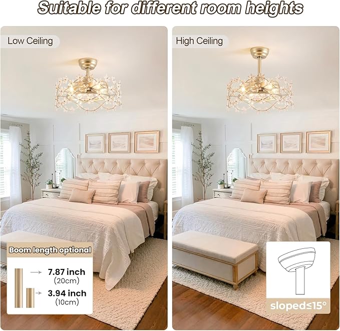 20" Gold Fandelier Ceiling Fan with Light, Flower Crystal Chandelier Ceiling Fan with Light and Remote Control, Modern Caged Enclosed 6 Speeds for Girl's Bedroom, Nursery, Living Room