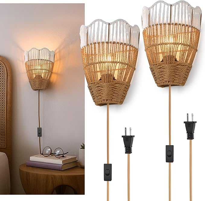 Plug-in Boho Wall Sconces Set of 2, Handwoven Rattan Wall Lights with On/Off Switch, Bohemian Light Fixtures for Bedroom, Living Room & Entryway