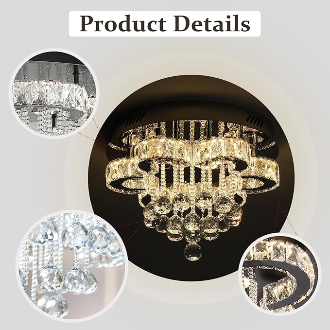 Flashing God 16" Small Crystal Chandelier LED Ceiling Light Fixtures Stainless Steel Flush Mount Ceiling Chandeliers Light for Bedroom,Foyer,Hallway