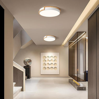 Modern LED Close to Ceiling Light, Round Flush Mount Ceiling Lighting Fixture, Matte White with Wood Accent, Minimalist Kitchen Light Fixtures for Bedroom, Entryway, Living Room, 15.8in
