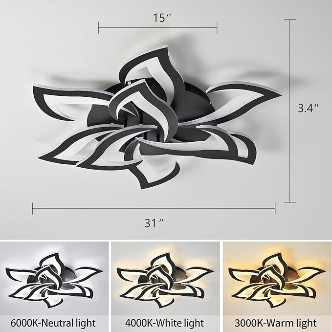 31" Black Modern Geometric Dimmable Ceiling Light Fixture, 9 Leaves Low Profile Flush Mount Ceiling Light for Kitchen, Bedroom, Living Room