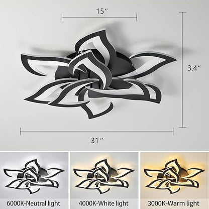 31" Black Modern Geometric Dimmable Ceiling Light Fixture, 9 Leaves Low Profile Flush Mount Ceiling Light for Kitchen, Bedroom, Living Room