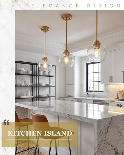 2-Pack Pendant Lights Kitchen Island, 7" Modern Brushed Gold Hanging Lights Fixtures with Clear Seeded Glass Globe Shade, Kitchen Island Lighting for Bathroom, AD-22280-1P2-GD-S
