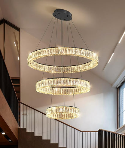 HAIXIANG Modern Glam Chandelier Crystal LED Remote Rings Chandelier Adjustable Hanging Ceilings Pendant Lights Fixture Gold 16"+24"+32" Rings Lighting