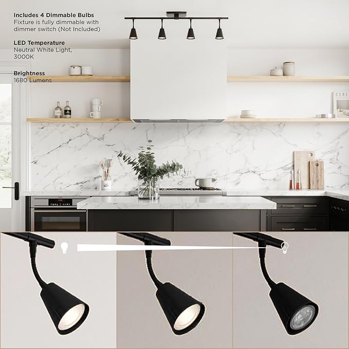 Modern LED 4-Light Track Lighting, Matte Black, 32 Inch, 4 GU10 LED Bulbs Included, Directional Spotlight Fixtures, Kitchen Ceiling and Wall Lights for Living Room