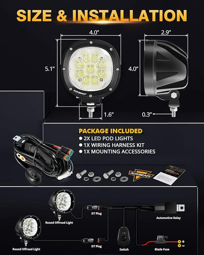 Auxbeam P4 Series Flood Beam LED Pods 4 Inch 90W Round Offroad Fog Lights Driving Flood Light Bar Bumper A-Pillar Hood Mount for Trucks ATV UTV Motorcycle Jeep
